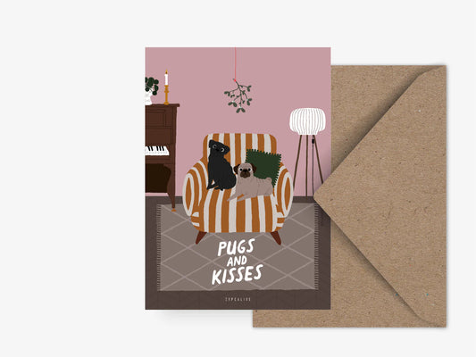 Postikortti, "Dogs" Pugs and kisses